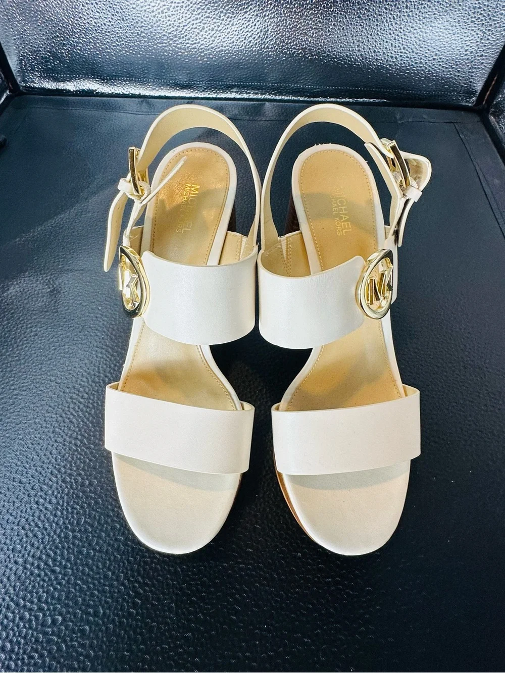 MICHAEL KORS Cream Leather Platform Block Heel Sandals with Gold MK Logo